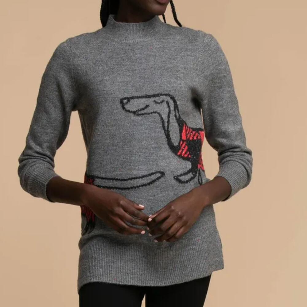 Ricki's Dachsund Mock Neck Tunic Sweater Womens XS Gray Wiener Dog Novelty
